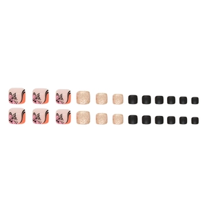 Faux ongles d'orteils pailletés noir et rose avec motif papillon et finition dorée