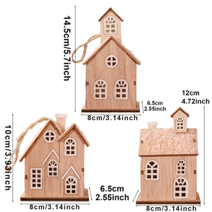Three-piece set of wooden LED Christmas houses with snow-covered roofs and hanging ropes