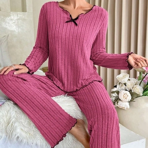 Women Pajamas Ribbed Knit Long Sleeve V Neck Top And Long Pants With Lettuce Trim Bow Accent Loungewear