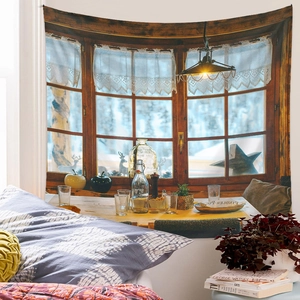 Detail view of winter log cabin window tapestry with cozy lighting and snow forest scene