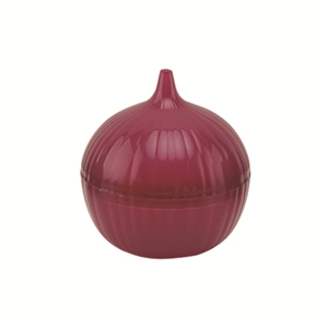 Detail shot of the onion-shaped storage container in deep red for kitchen use