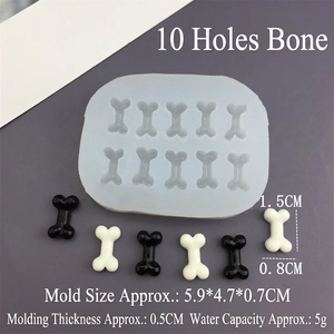 Detailed view of 10-cavity bone shaped silicone mold with precise product dimensions