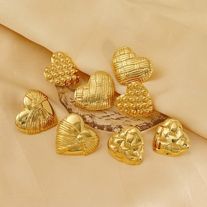 Heart Stud Earrings 18K Gold Plated Stainless Steel Textured Weave Quilted Retro Fashion For Women Non-Tarnish