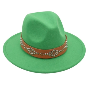 Detailed shot of green wool fedora hat featuring a brown leather band with silver rivets