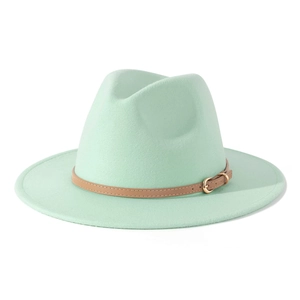 Close-up of mint green fedora hat featuring a brown leather belt with gold buckle detail
