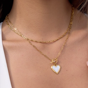 Collier double rang en acier inoxydable doré 18K avec pendentif cœur et fermoir OT