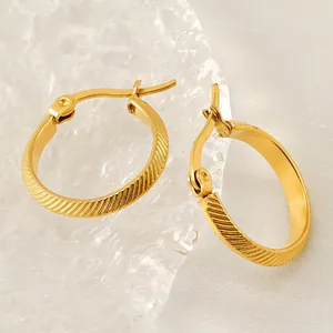 Hoop Earrings Stainless Steel 18K Gold Plated Diagonal Stripe Textured Geometric Fashion Jewelry Gifts For Women