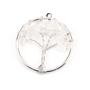 Macro detail of Tree of Life pendant featuring silver wire wrap and clear quartz stones