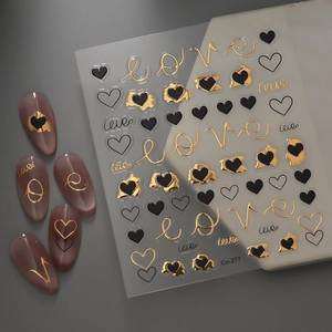 5D embossed nail art stickers with gold foil Love letters and black heart designs