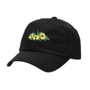 Black cotton baseball cap with yellow sunflower embroidery in a 45-degree angle view
