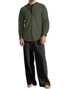 Detail of men's dark green linen Henley shirt and black loose pants beach set
