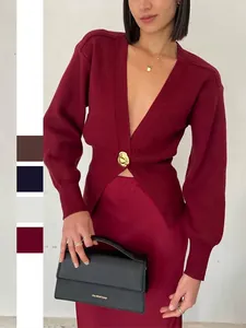 Cardigan In Maglia Da Donna Scollo A V Profondo Maglione Bottone Dorato Irregolare Manica Lunga Casual Tinta Unita