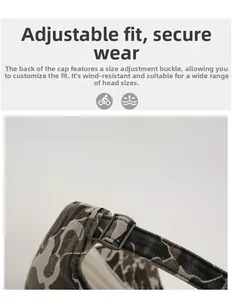 Detail of adjustable metal buckle and strap on camouflage baseball cap for a secure fit