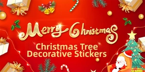 Detail of double-sided Christmas tree static window clings with Santa and gift boxes