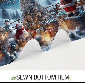 Detail of the sewn bottom hem on a 3D Christmas polyester shower curtain with snowman print