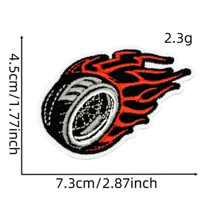 Macro view of race car tire embroidery patch with red flame details and dimensions