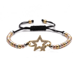 Adjustable tricolor bead bracelet with star-shaped cubic zirconia charm on black cord