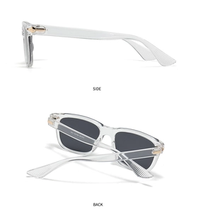 Detail view showing side and back of transparent round sunglasses with gold hinges