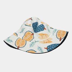 Reversible bucket hat with durian fruit print and a solid black inner lining