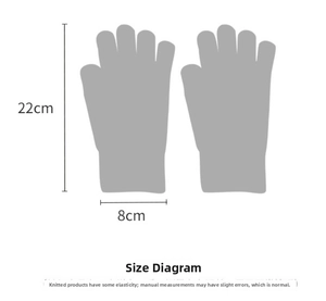 Size chart showing dimensions for knit bow gloves with 22cm length and 8cm width