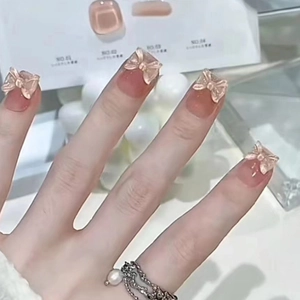 Pink Gradient Ombre Press On Nails With 3D Resin Butterfly Bow Accents Square Round Shape Glossy Glue On False Nails For Women