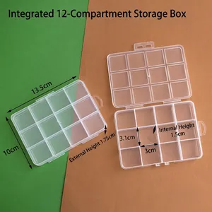 Caja de almacenamiento de 12 compartimentos en plástico claro, 13,5x10x1,75 cm