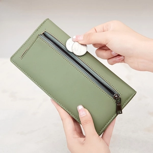 Portefeuille long vert avec blocage RFID et poche zippée pour pièces de monnaie