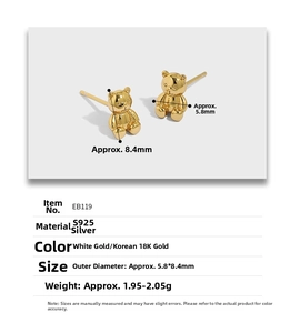 Macro detail of golden bear stud earrings in S925 sterling silver with size dimensions