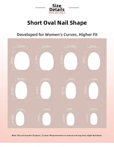 Size details chart for short round floral press-on nails featuring 12 sizes from 6.8mm to 18mm