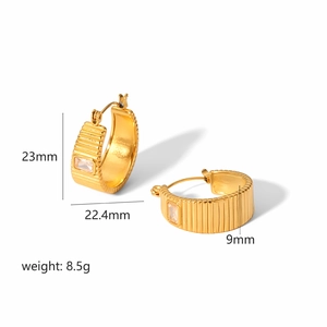 18K gold plated ribbed hoop earrings with square zircon stones and striped texture finish