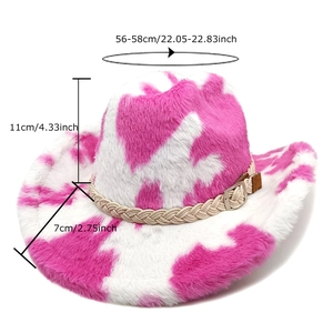 Cappello da cowboy rosa con stampa mucca, fascia intrecciata e fibbia argentata su bianco