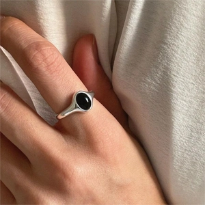Minimalist 925 Sterling Silver Ring With Oval Black Agate Vintage Korean INS Style Adjustable Open Band Jewelry For Women