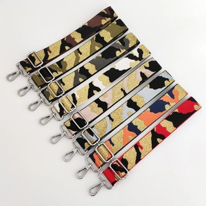 Adjustable camouflage pattern nylon bag straps with golden metallic silk and lobster claws