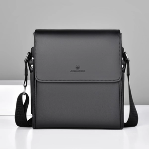 Classic black leather messenger bag for men with flap cover and textured finish