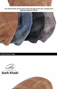 Detail of adjustable metal buckle and corduroy texture on vintage plaid beret cap