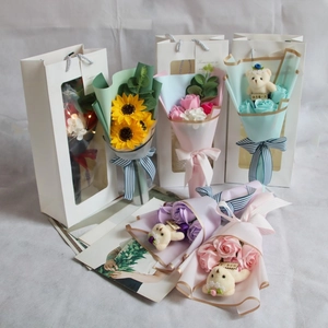 Mini sunflower and rose soap flower bouquet set with a teddy bear in white window gift bag