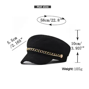 Size guide for black tweed newsboy hat featuring gold chain details and measurements