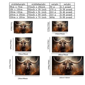 Size chart for realistic longhorn bull tapestry available in six varied dimensions