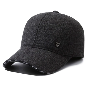 Men's winter warm baseball cap with ear flaps in dark grey textured fabric with sport logo