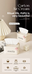 Cream tissue box detail showing internal spring design for easy dispensing and cute bear icon