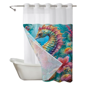 Detail of waffle weave shower curtain with colorful seahorse and coral digital print