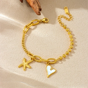 Bracelet en acier inoxydable doré 18K avec pendentif étoile de mer et cœur blanc