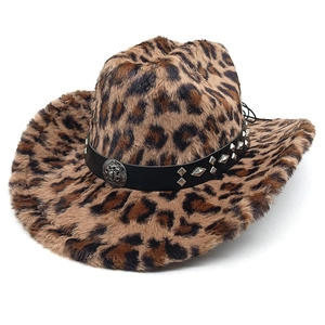 Chapeau De Cowboy En Fausse Fourrure Léopard Bord Large Peluche Jazz Cap Avec Bandeau À Rivets Pour Hommes Femmes Vintage