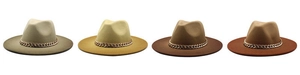 Detail of wool fedora hats with wide brims and decorative gold metal chain bands