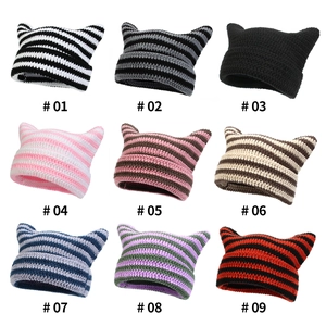 Detailed grid of nine color variations for handmade striped cat ear knitted hats
