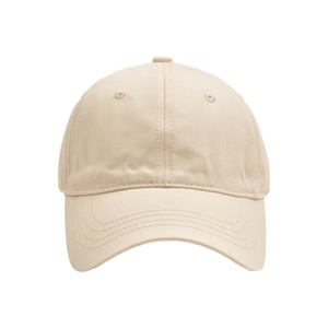 Close-up of beige cotton baseball cap showing six-panel crown and ventilating eyelets