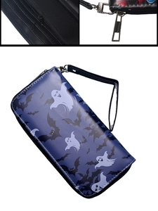 Blue long zipper wallet with ghost and bat prints showing interior card slots and wrist strap