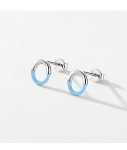 Macro shot of 925 sterling silver ear studs with light blue enamel and S925 hallmark