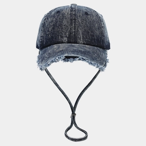 Cappellino da baseball in denim lavato retrò blu navy con bordo a frange e corda