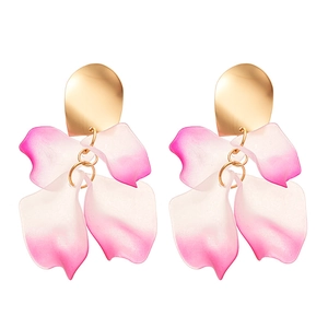 Minimalist gradient pink acrylic petal drop earrings with golden metal studs on white background